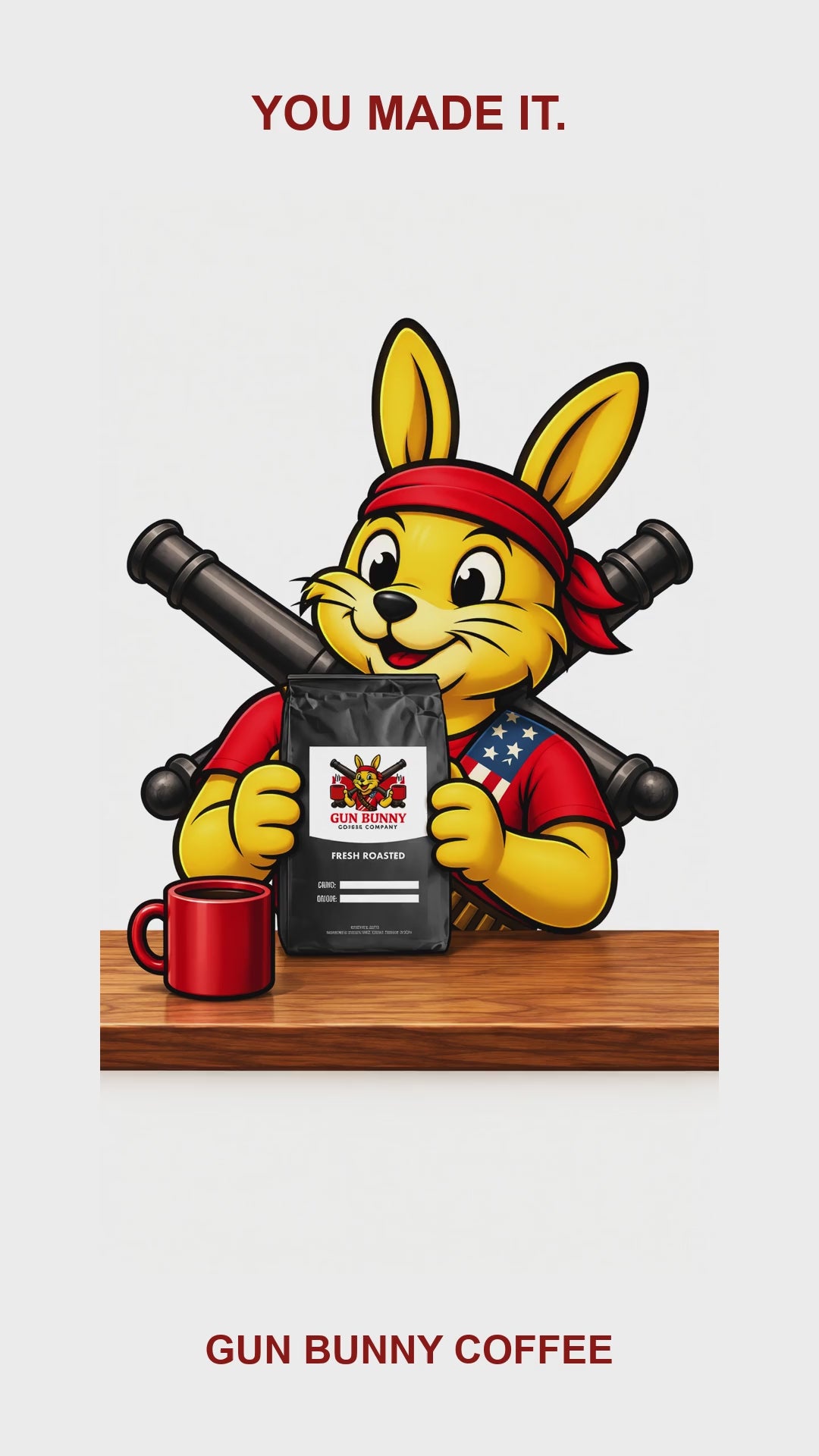 Load video: Gun Bunny waves while holding a branded coffee bag. He says: You made it! Welcome to Gun Bunny Coffee. Take a look around, find your next favorite, and grab a bag.
